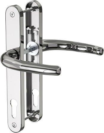 1 Set Polished Chrome UPVC Door Handle Set Stainless Steels 304, 92mm Backset, 210mm Screw Hole Distance, 243mm Plate Length Front Door Handles for UPVC Door