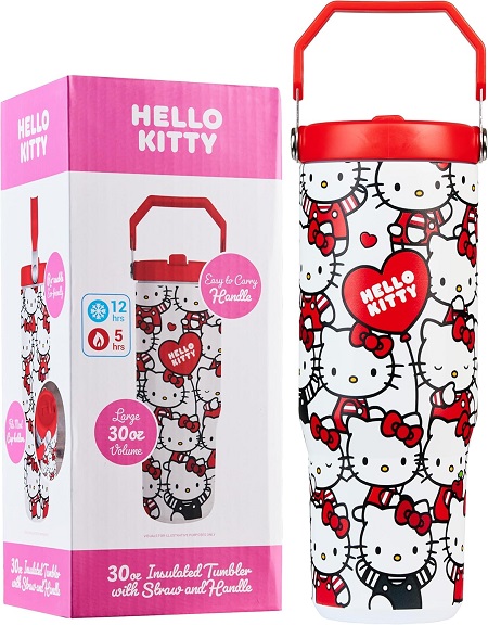 Get Trend Hello Kitty Sanrio Insulated Tumbler Flip Up Straw & Handle, Metal Travel Water Bottle 850ml, Thermal Double Wall Vacuum, Hot & Cold Drinks (AOP Hello Kitty)