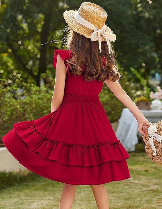 Girls Dresses Flutter Sleeve Kids Summer Cotton Casual A-Line Dress Girdle Tiered Swing Festive Dress for Girls 5-14 Years